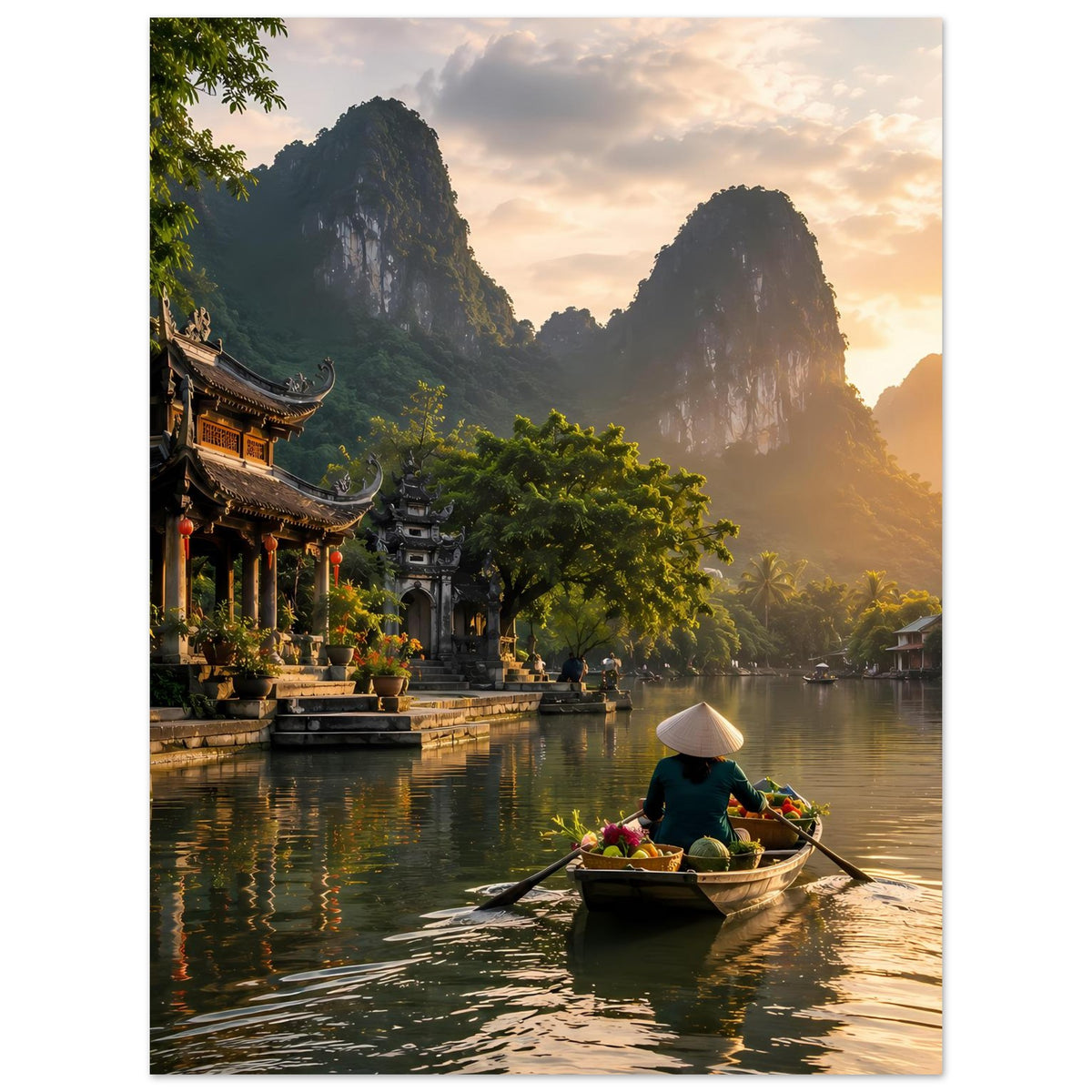 Poster mit Fluss und Boot mit Person unter Pagoden am Ufer, warme Abendsonne