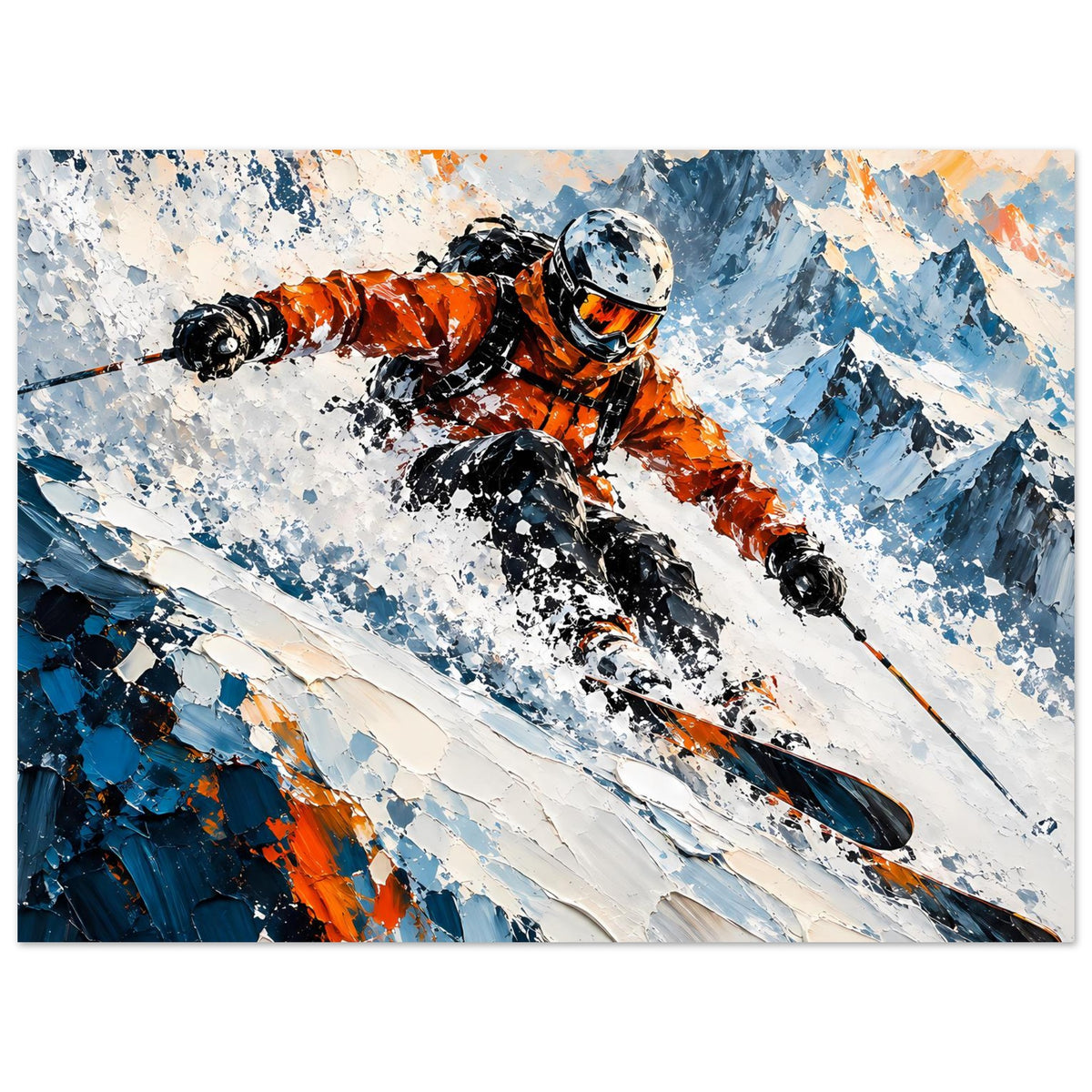 Wintersport-Poster mit Skifahrer in orangefarbener Skijacke, dynamische Abfahrt und Skispuren.