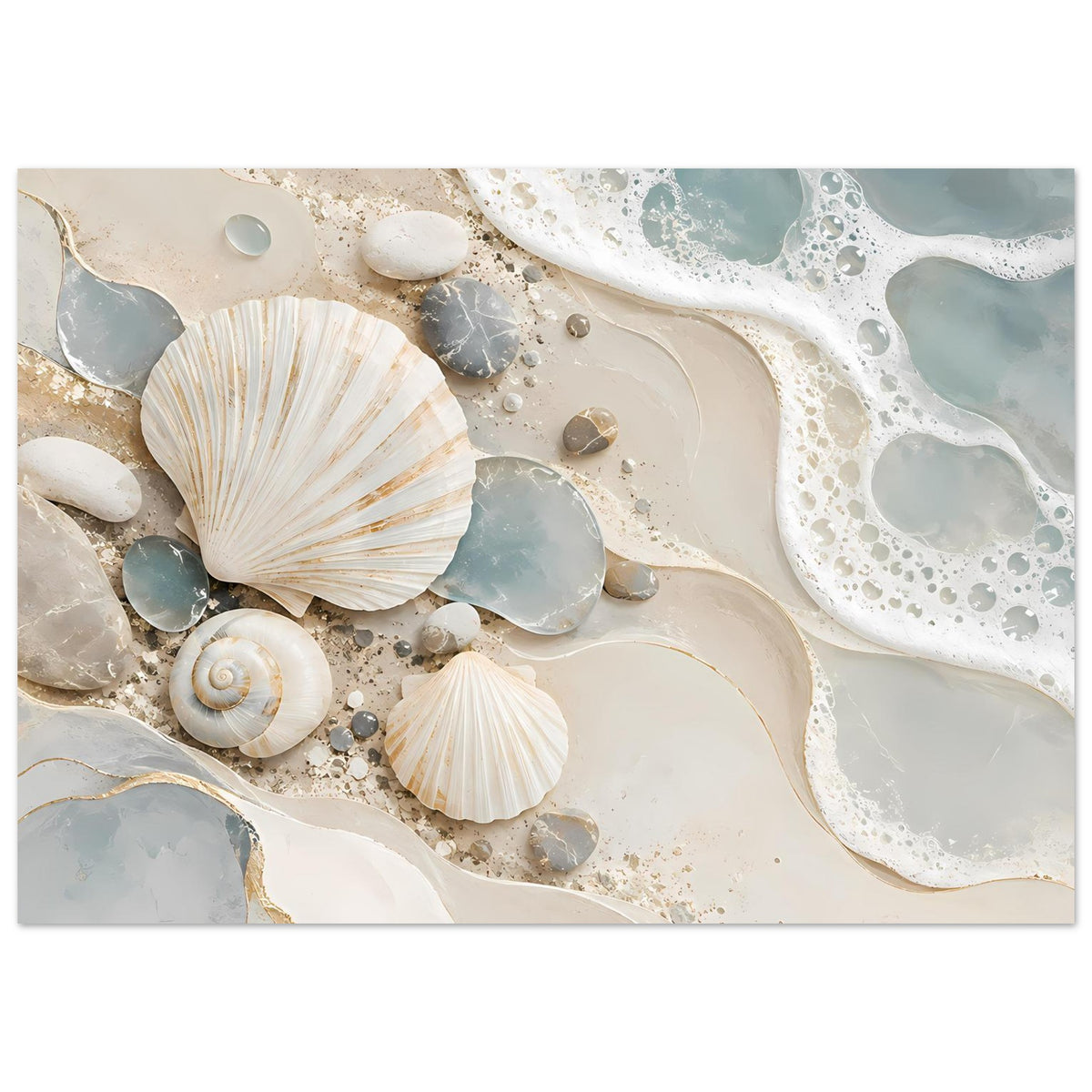 Seeposter im Querformat mit großen Muscheln, kleinen Steinen und weißen Schaumlinien