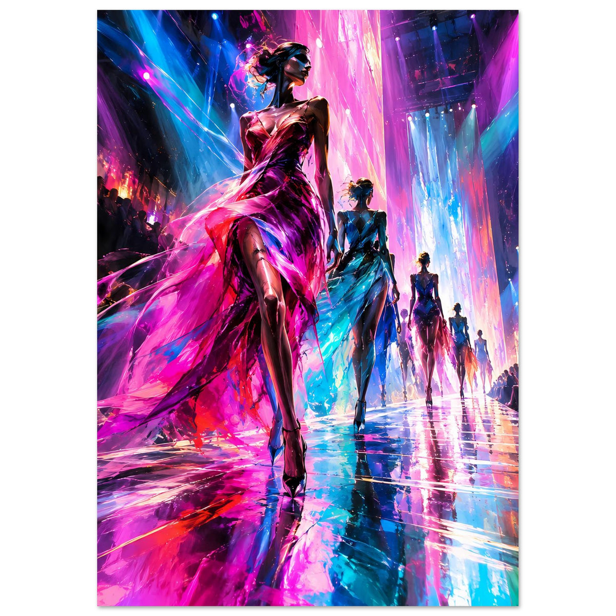 Mode-Runway-Poster im Hochformat mit Model im dunklen Kleid, farbige Lichtkegel und Laufbahn