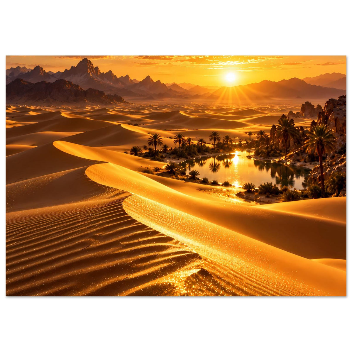 Poster im Querformat: Wüstenlandschaft mit Sandwellen, Palmen und tiefem Sonnenuntergang