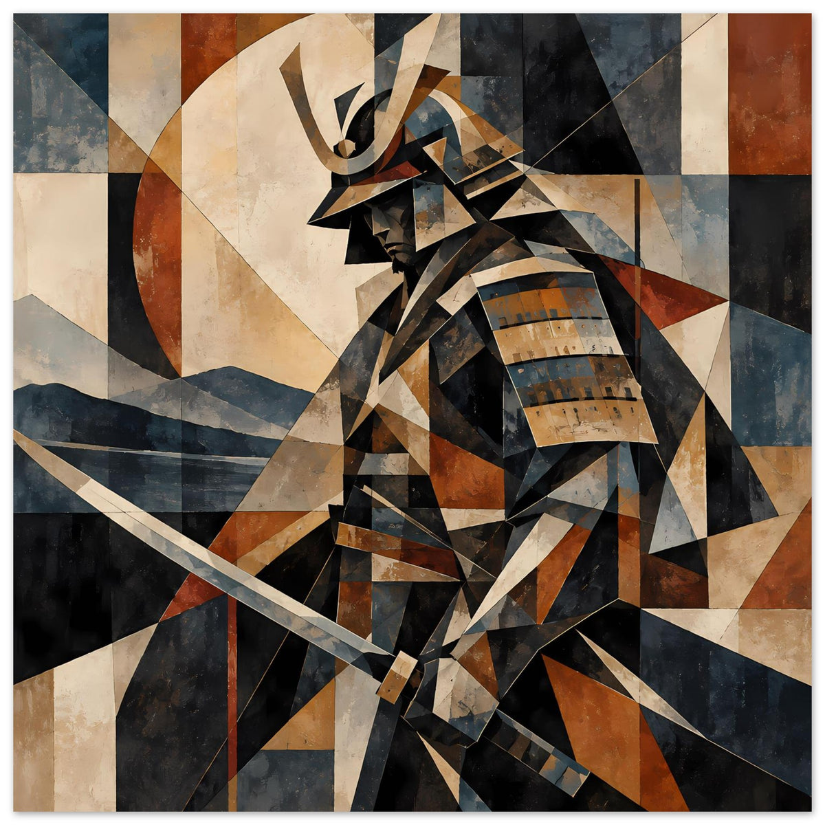 Poster mit geometrischem Samurai-Krieger, Brauntönen und Blau, geschichtete Flächen