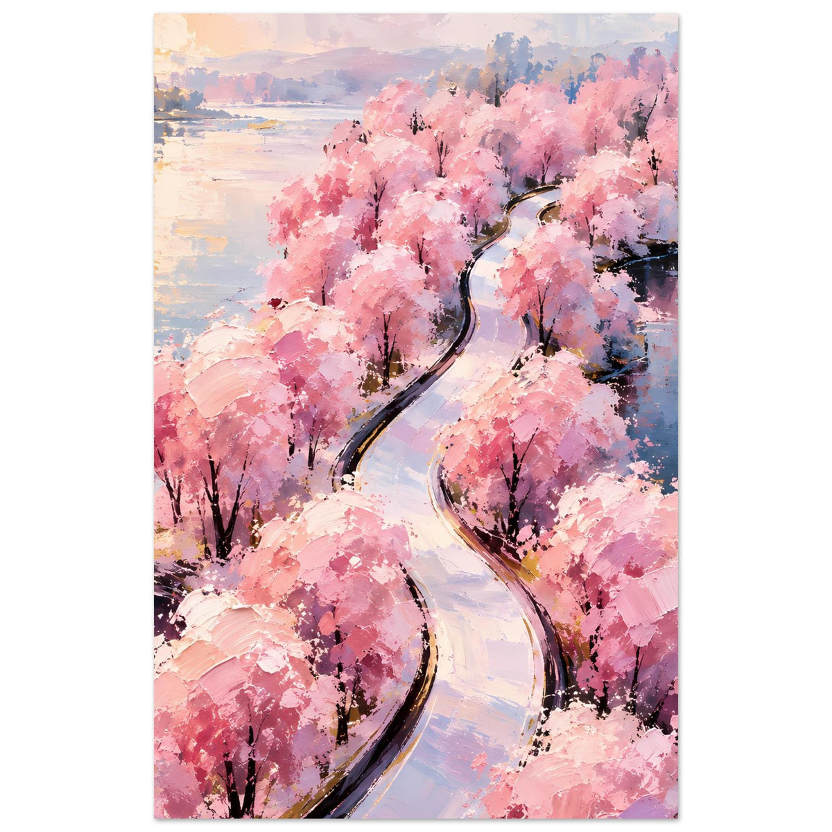 Poster im Hochformat mit rosa Blütenbäumen und geschwungenem Weg