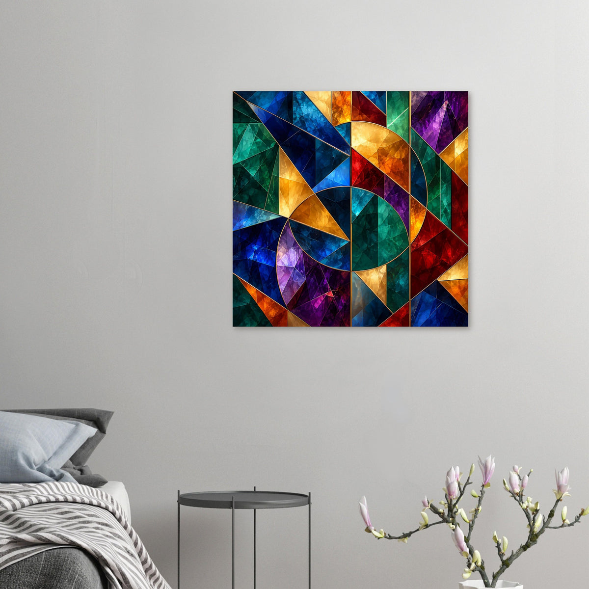 Kleines Glasfenster-Poster mit geometrischem Mosaik aus Dreiecken und Kreisformen, quadratisch