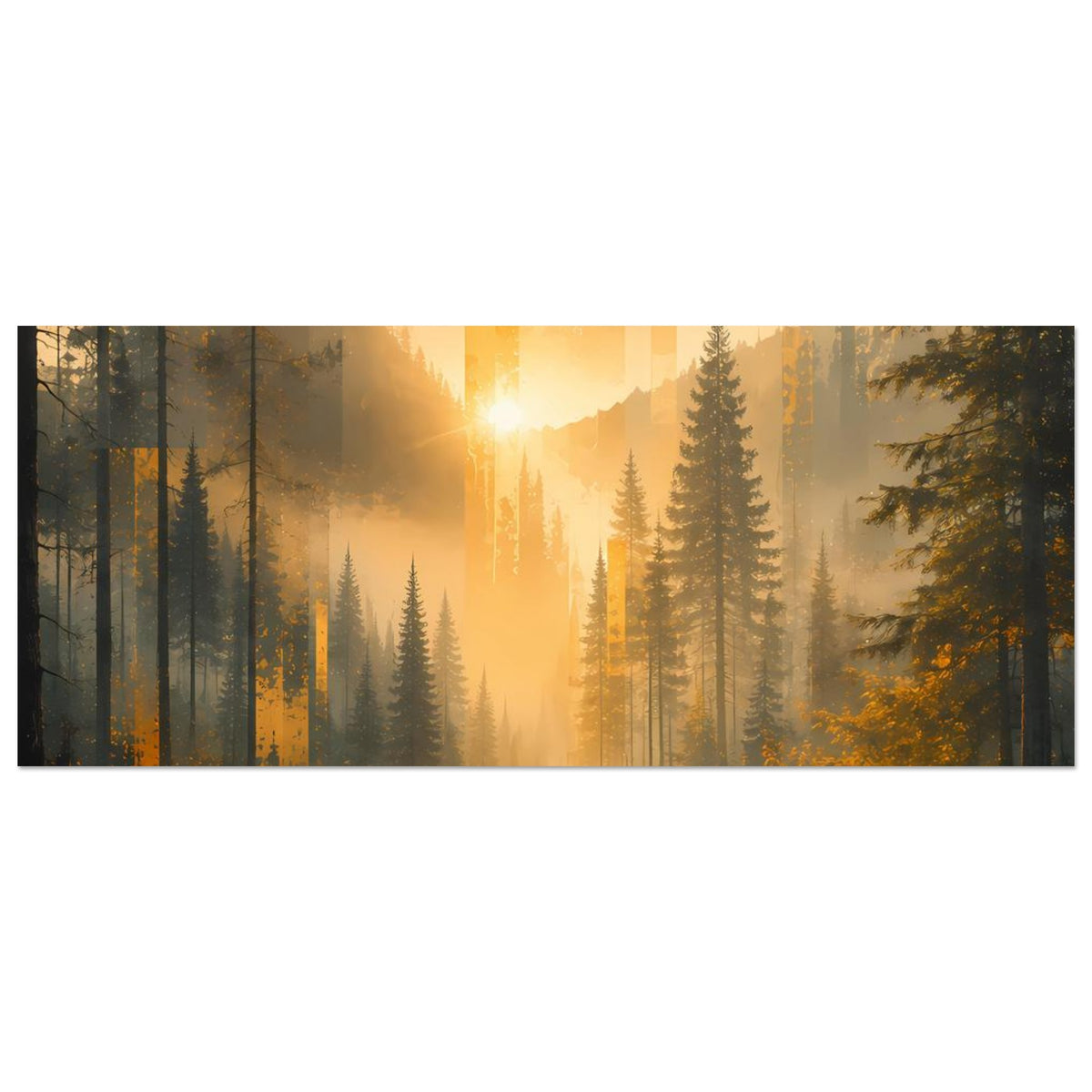Naturposter: Panoramablick auf Wald und Fluss, warmes Licht, Querformat
