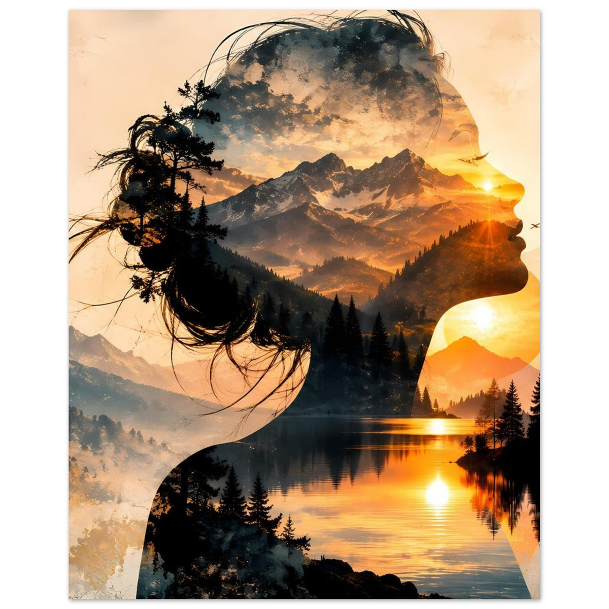 Wandposter mit Doppelbelichtung: Frauenprofil, Berge und Bergsee bei goldenem Sonnenuntergang