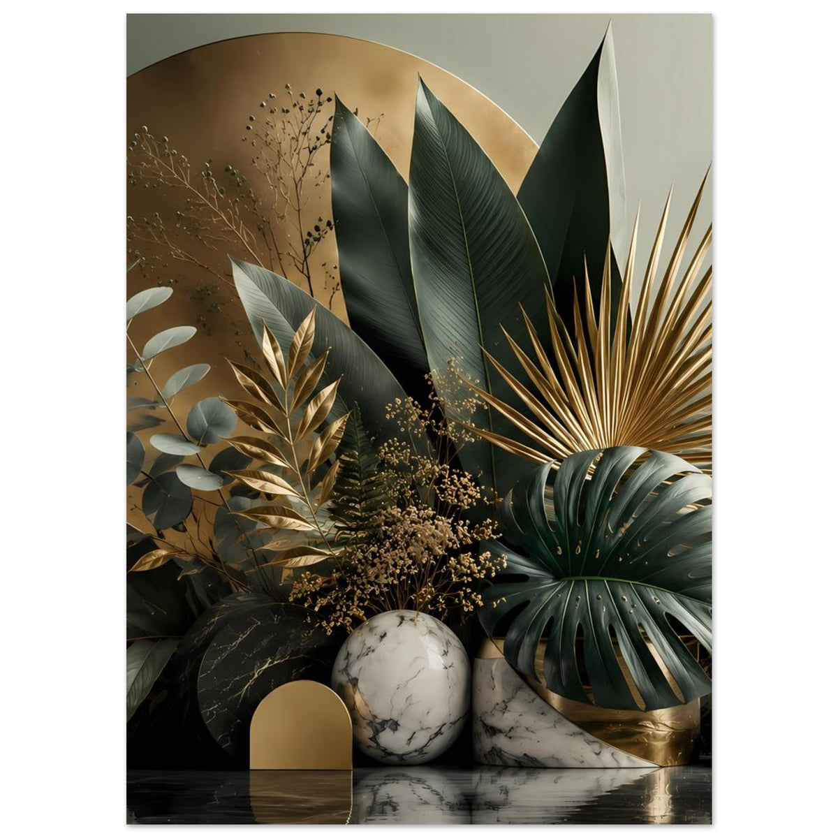 Botanisches Poster mit goldfarbenem Bogen, grünen Blättern, dunklen Palmen und Marmordetails