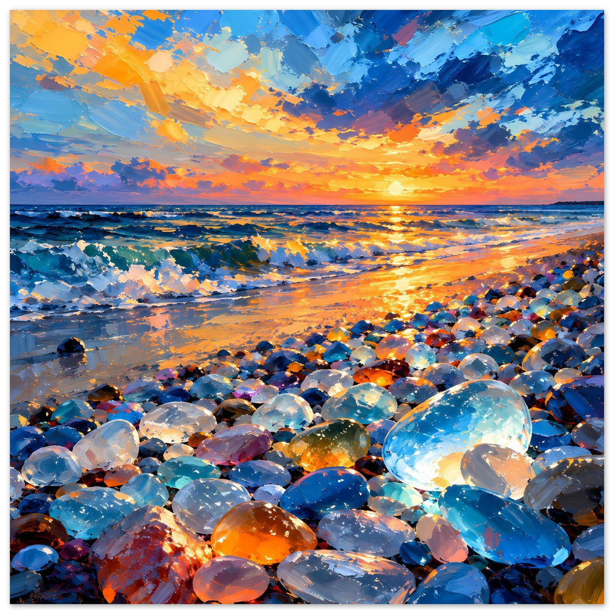 Hochformat-Poster: orangefarbene Sonne, Meerblick und zahlreiche schimmernde Glassteine