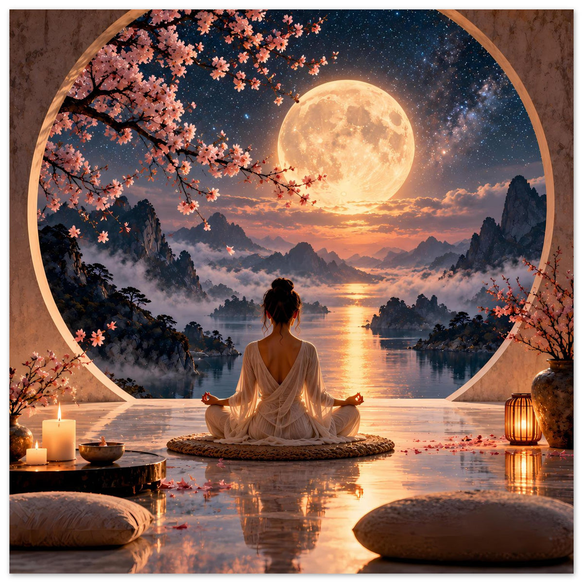 Meditationsposter mit sitzender Figur vor großer Vollmondlandschaft und Kirschblüten