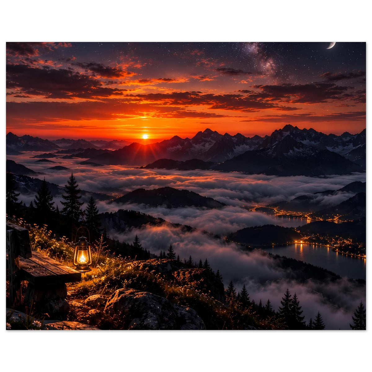 Landschaftsposter (Querformat) mit Sonnenaufgang über Bergsilhouette, Nebelmeer und See