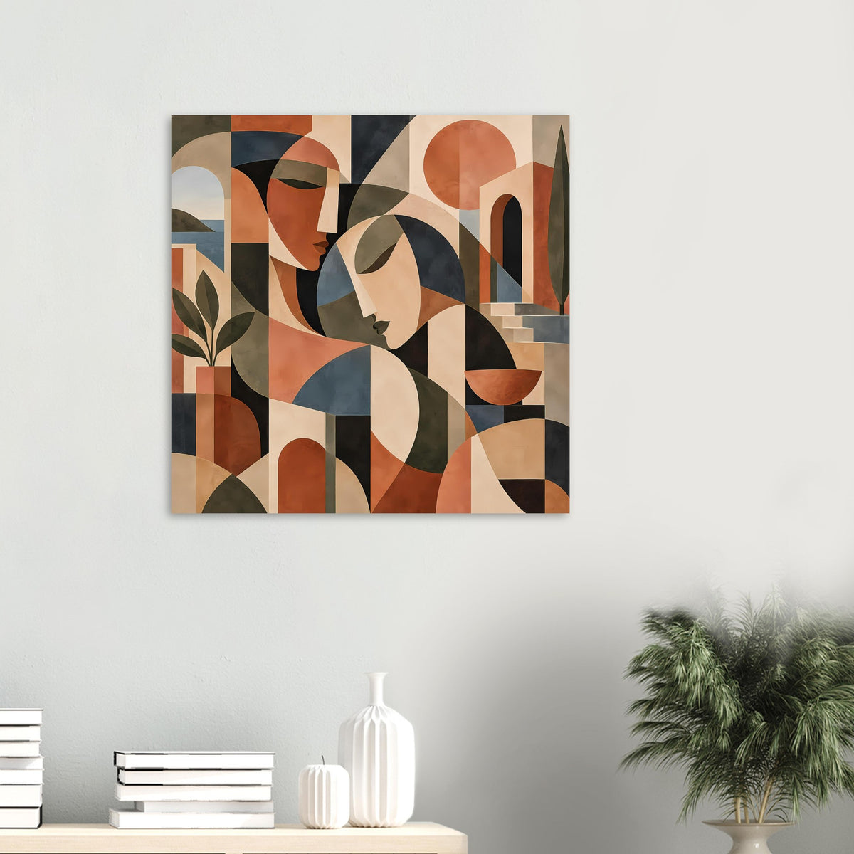 Quadratischer Art-Print mit abstrakten Gesichtern in Terrakotta, Schwarz und Blau.