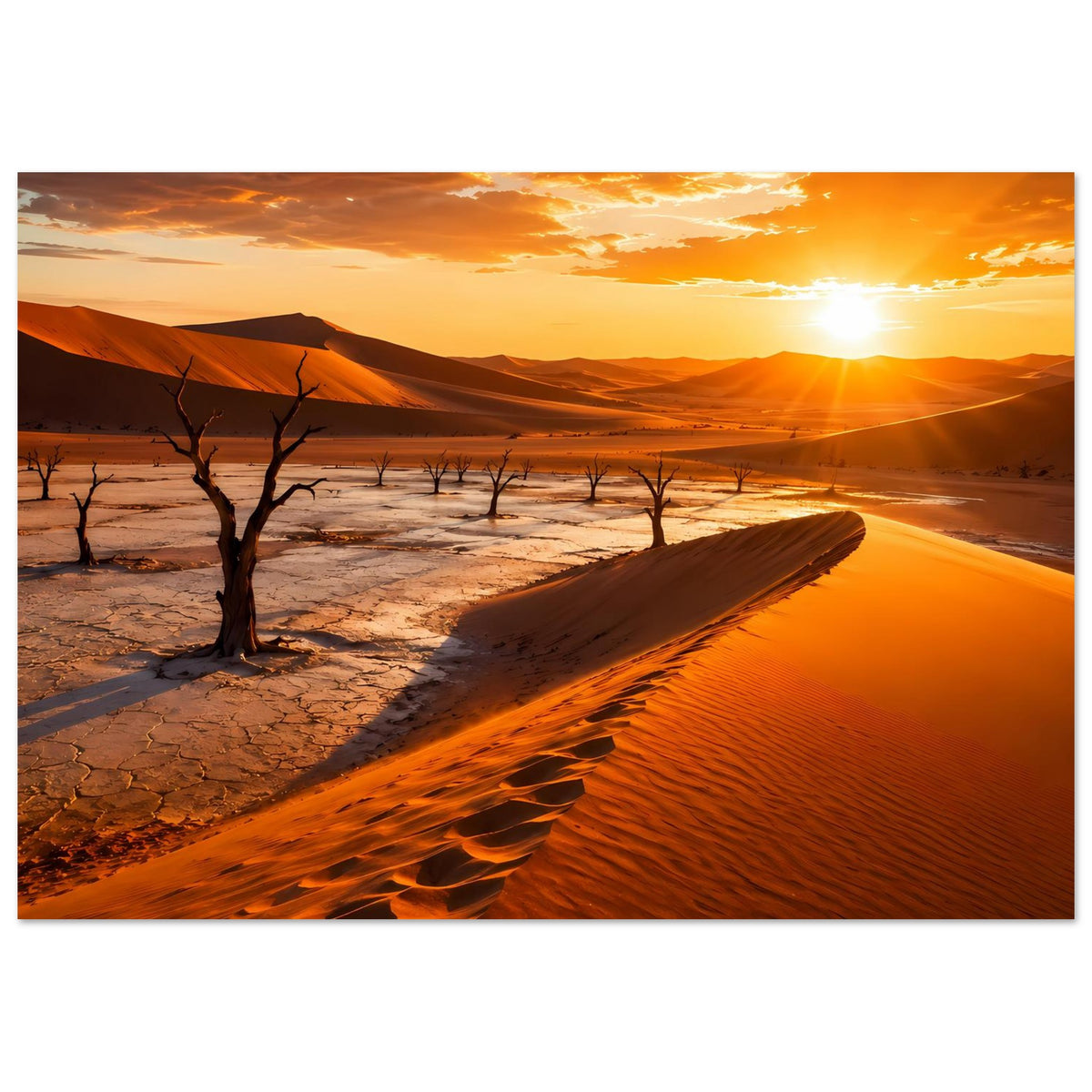 Vertikales Poster mit Sonnenaufgang, orange Dünen, Sandrillen und Reihe kahler Bäume