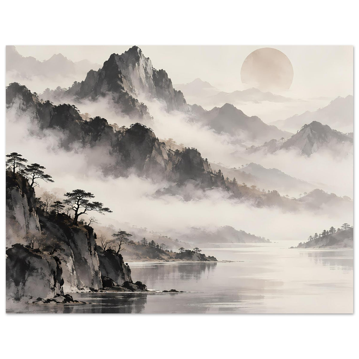Minimalistisches Schwarz-Weiß-Poster mit nebeligen Zen-Bergen, ruhigem Wasser und Sonnenkreis, Hochformat