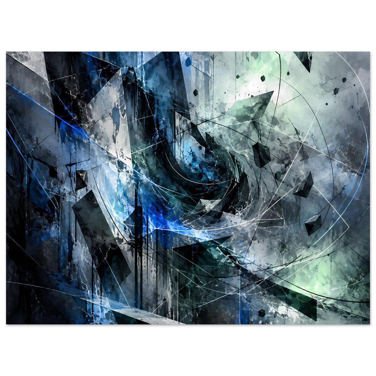 Abstraktes Kunstposter im Querformat mit blau-grünem Farbverlauf, Kreislinien und Scherbenformen
