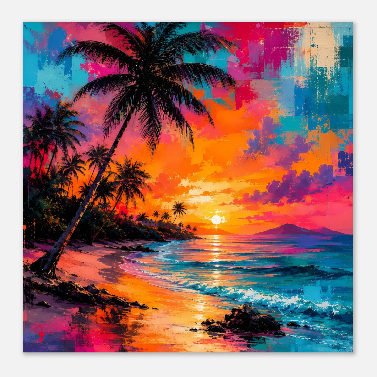 Abstraktes Poster mit Palmen, Strand und Sonnenuntergang, kräftige Blau-, Orange- und Pinktöne
