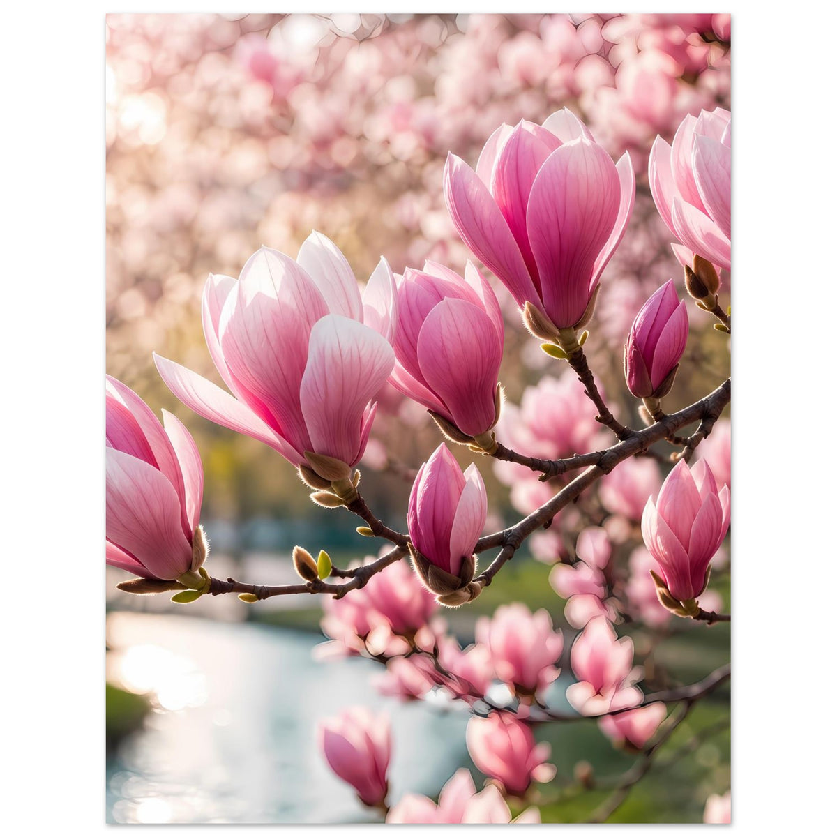 Blumenposter mit Magnolienblüten an Zweig, rosa und weiße Blütenköpfe, mittiges Motiv