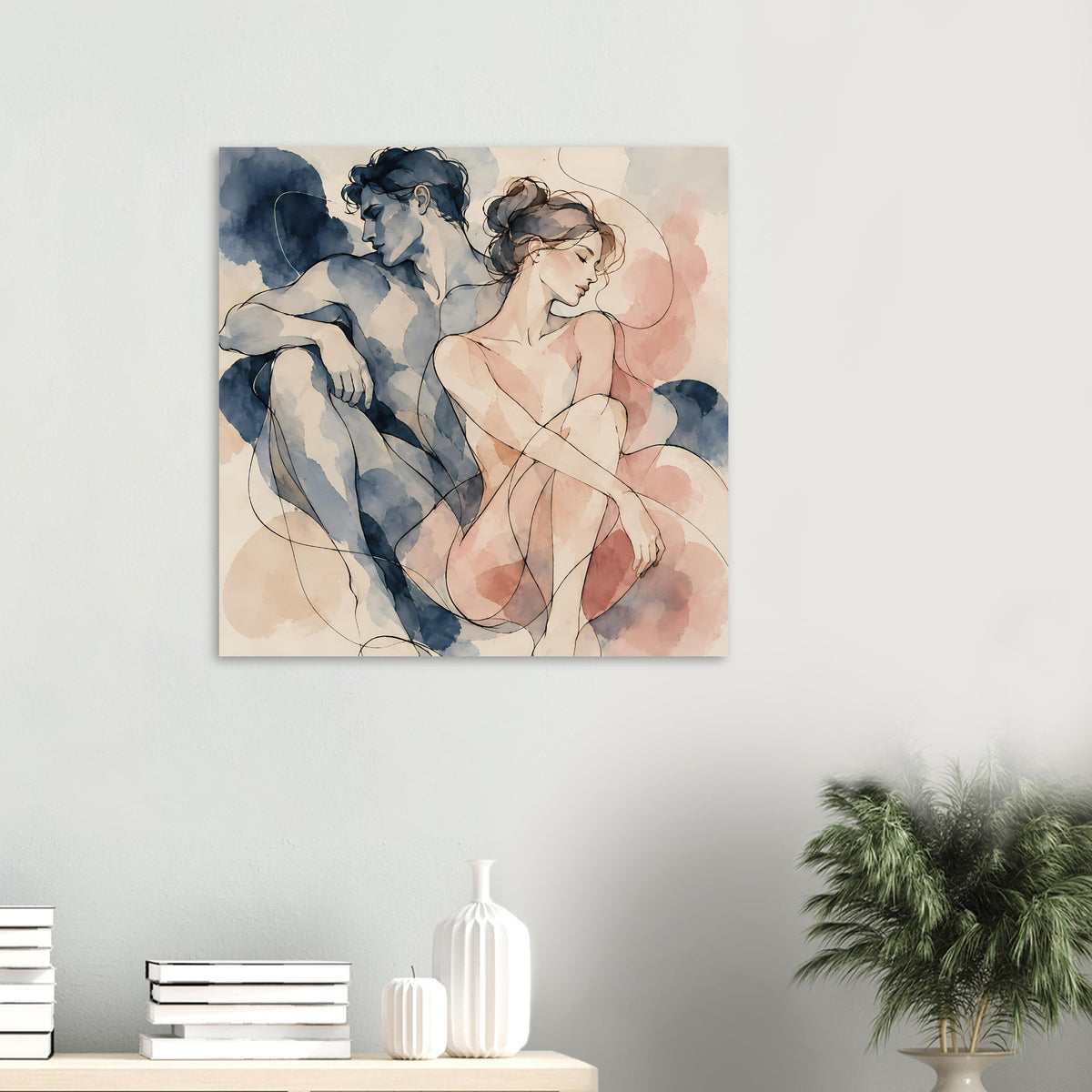 Aquarell-Paarposter im Querformat: Paar in Blau und Rosa, mit eleganten Linien und Akzenten