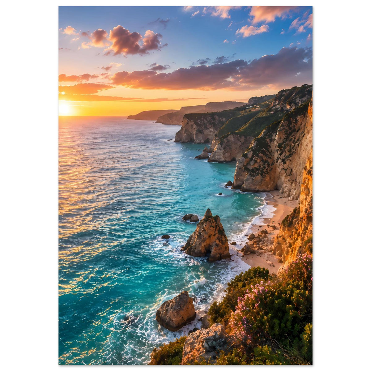 Vertikales Poster mit Küste bei Sonnenuntergang: türkisfarbenes Meer, Klippen und Blumenhang