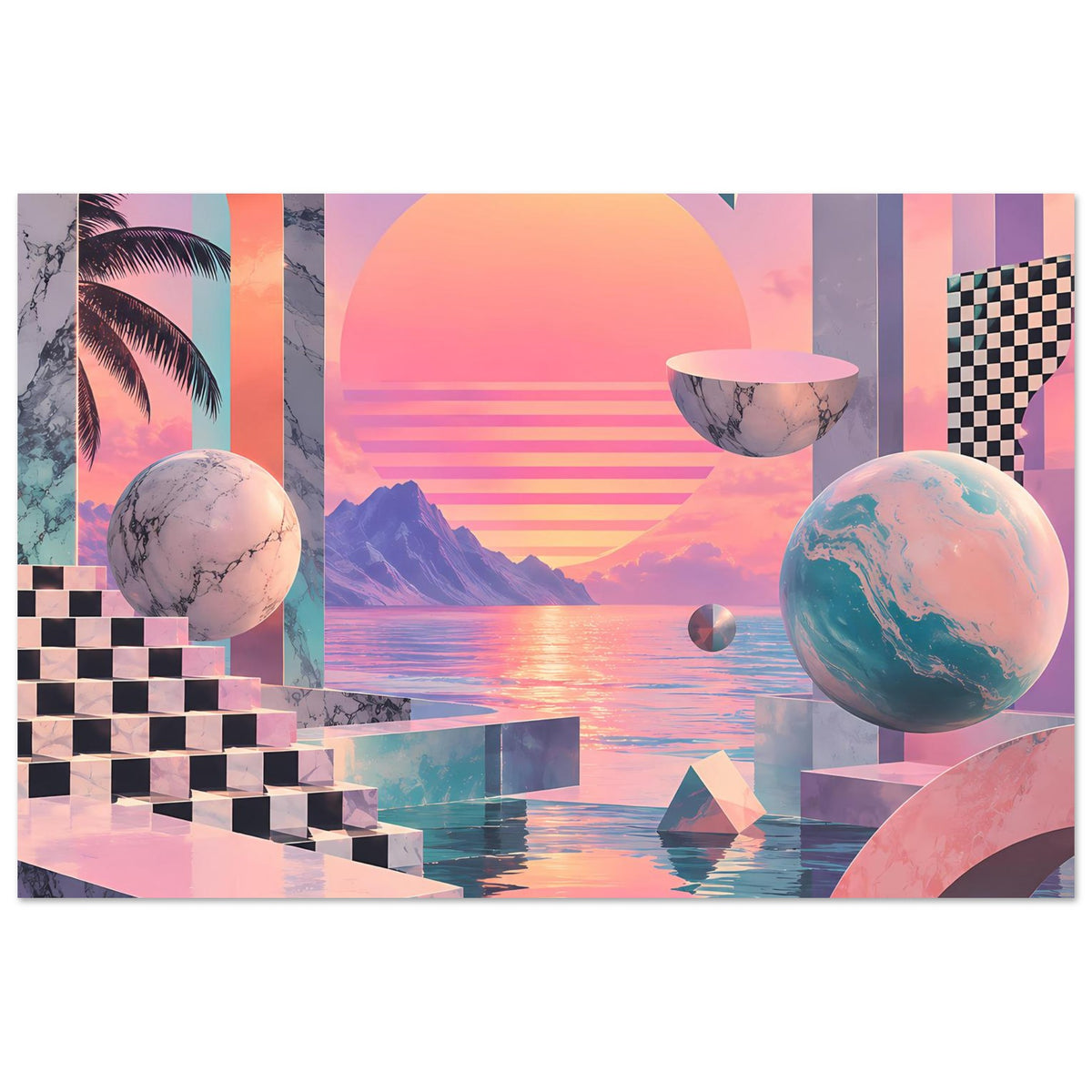 Querformat-Poster mit Sonnenkreis, Wasseroberfläche und geometrischen Elementen links