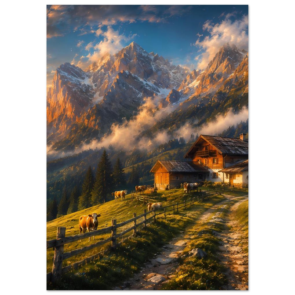 Hochformat-Poster mit Almhütte, Kühen am Weg und Zaun vor schroffen Bergspitzen