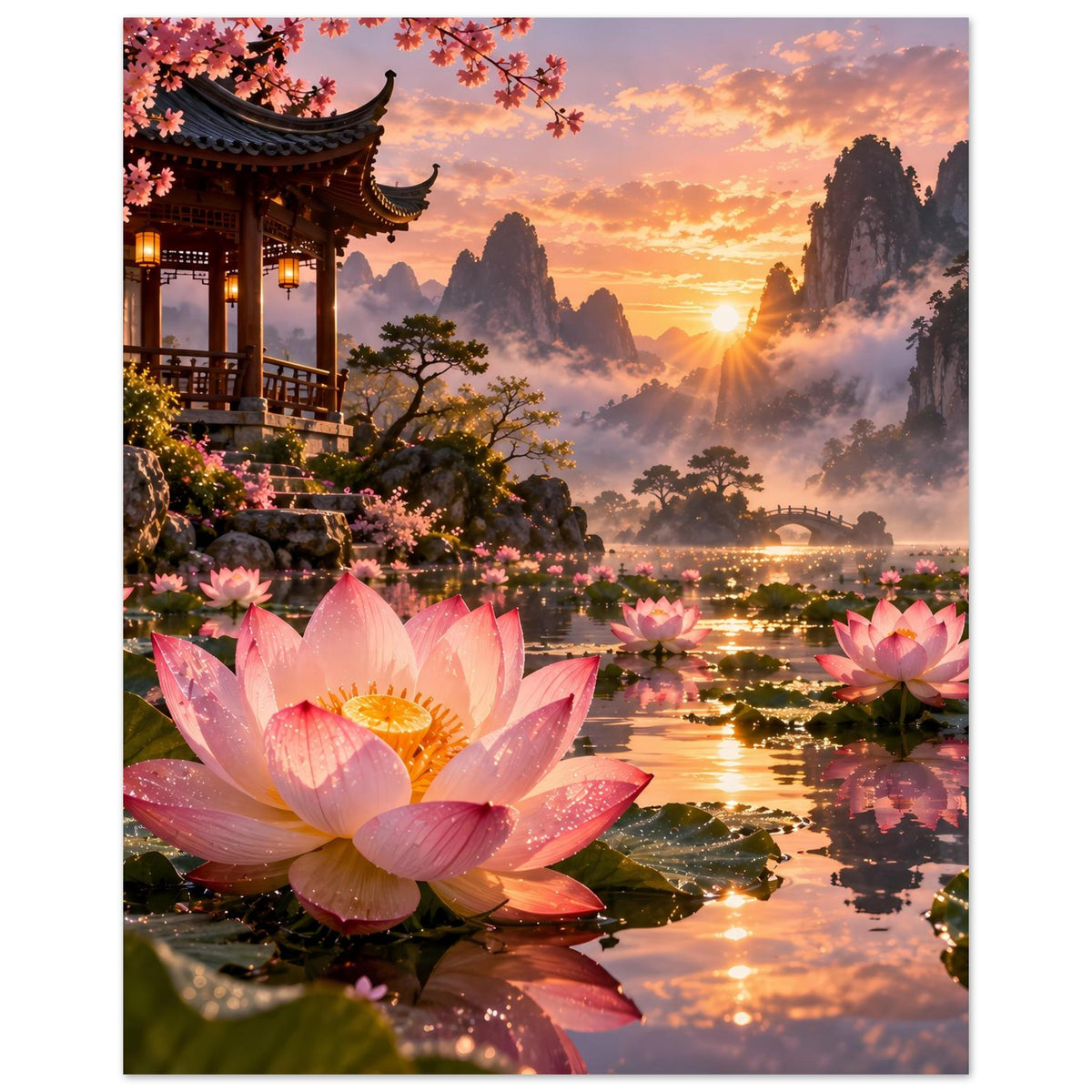 Vertikales Poster mit rosa Lotusblüten im Vordergrund, Tempel links, Berge und Sonnenaufgang