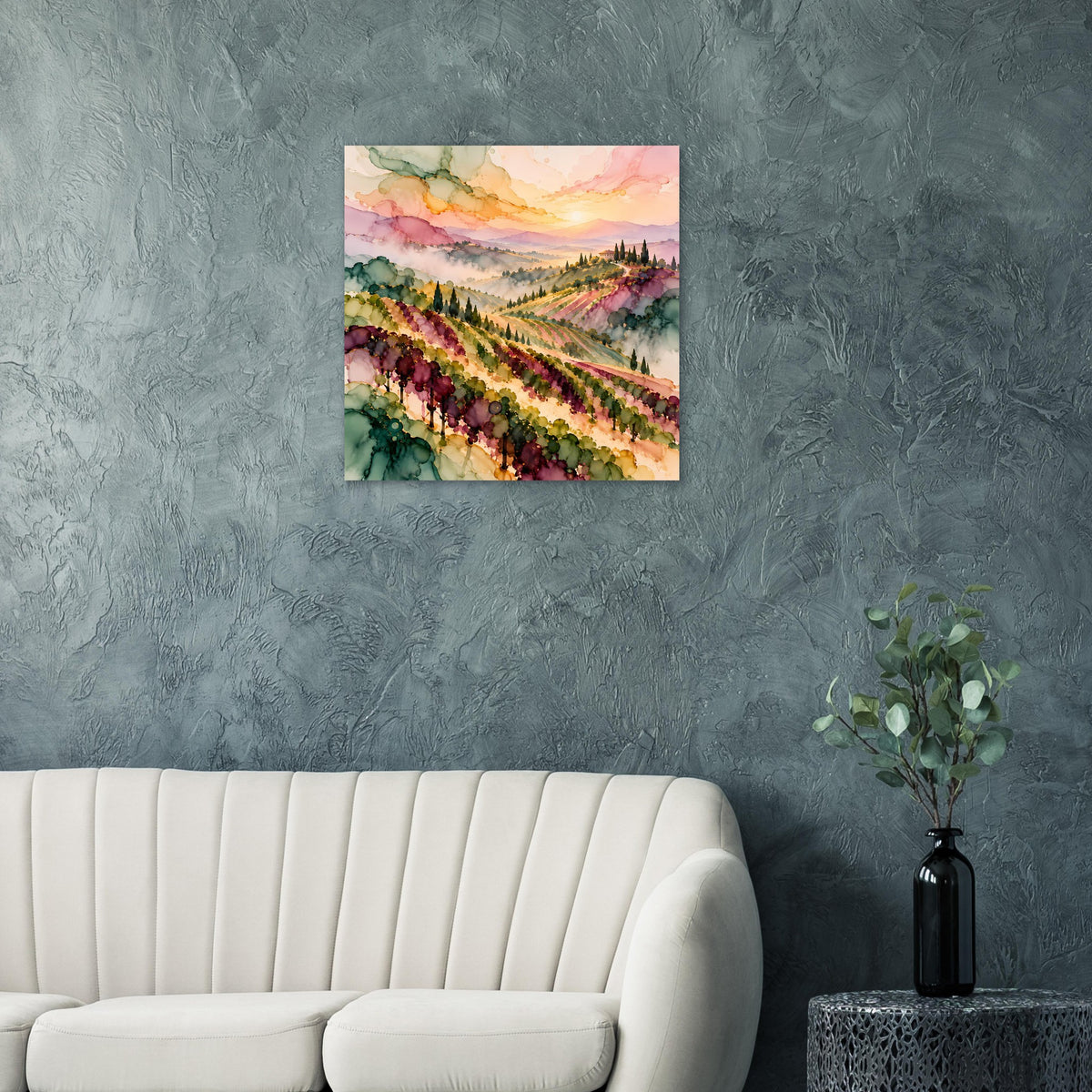 Landschaftsposter mit Weinbergen und Sonnenuntergang, aquarellartige Farben, rechteckig