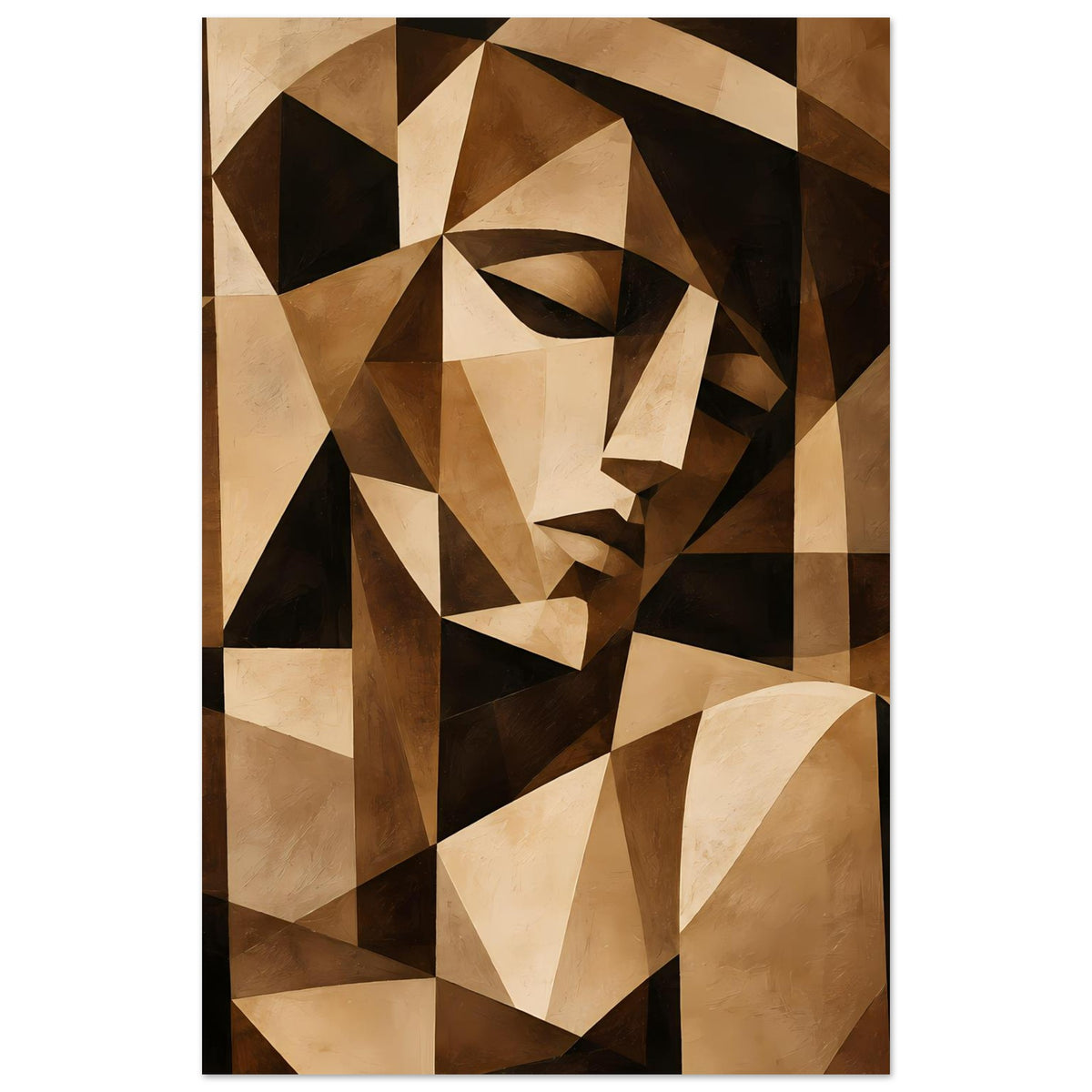 Abstraktes Kunstposter im Hochformat: kubistische Gesichtszüge in warmem Braun und Beige.