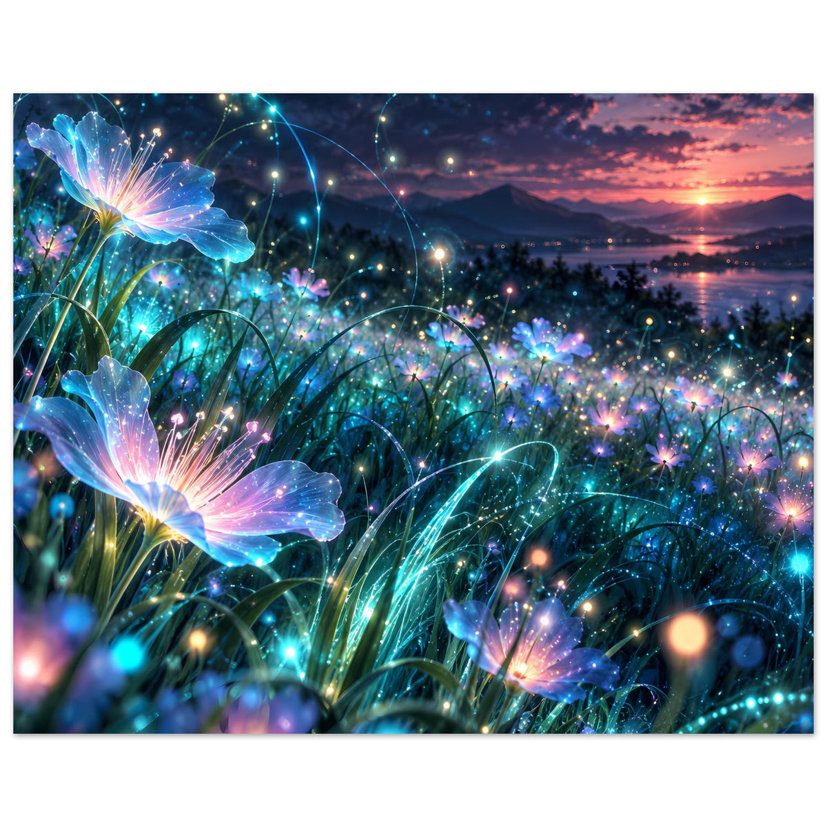 Horizontales Poster mit blauen, schimmernden Blumen und vielen bunten Lichtpunkten im Rahmen