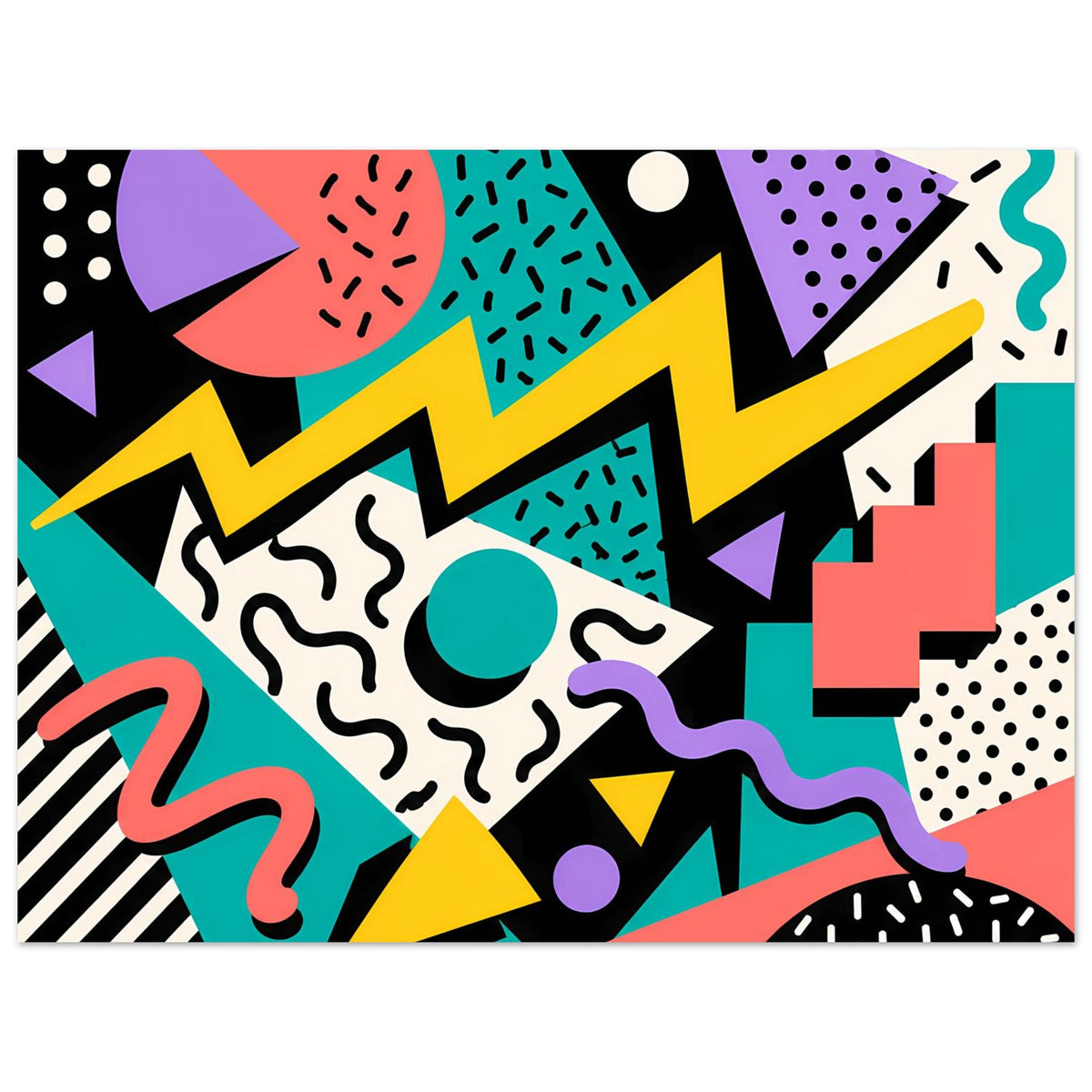 Buntes geometrisches Poster: Memphis-Design mit Kreisen, Dreiecken, Wellenlinien und Punkten