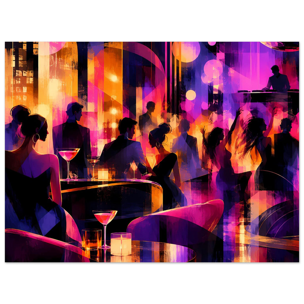 Poster im Querformat mit Nachtlounge: Silhouetten, Cocktails auf runden Tischen, Neonfarben