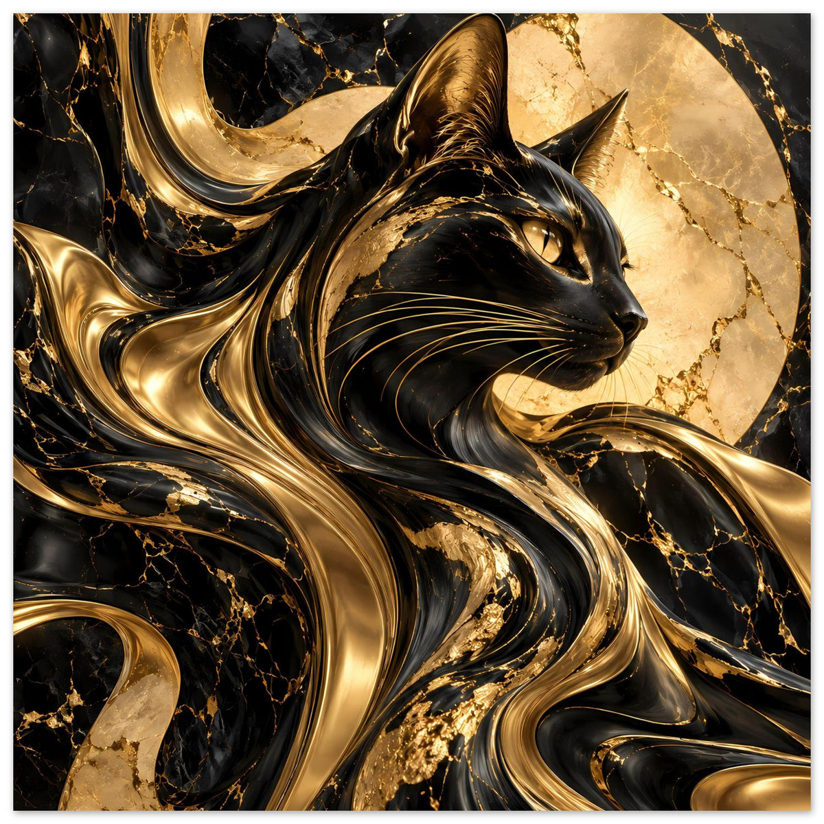 Poster im Querformat mit abstrakter Katze in Gold und Schwarz, Nahansicht von Kopf und Hals