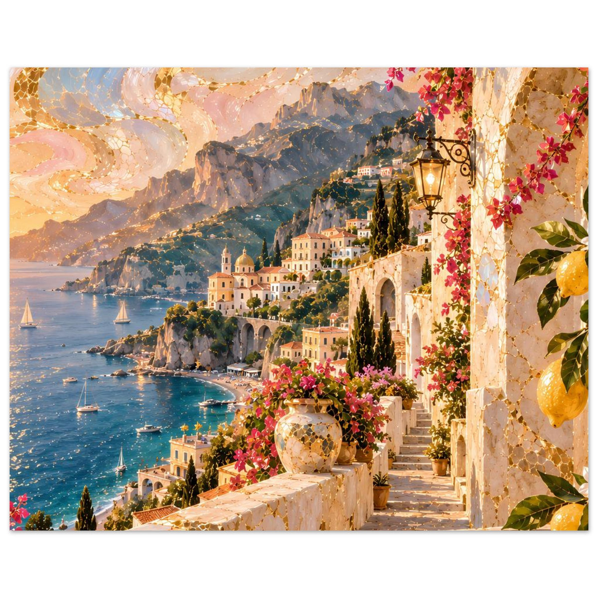 Horizontales Wandposter Küstenlandschaft mit Treppe, Laterne, Zypressen und rosafarbenen Blüten