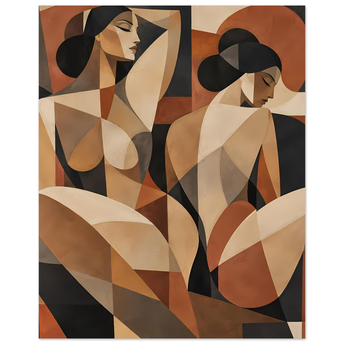 Abstraktes Poster mit Frauen im Profil, geometrische Formen, erdige Töne, Hochformat