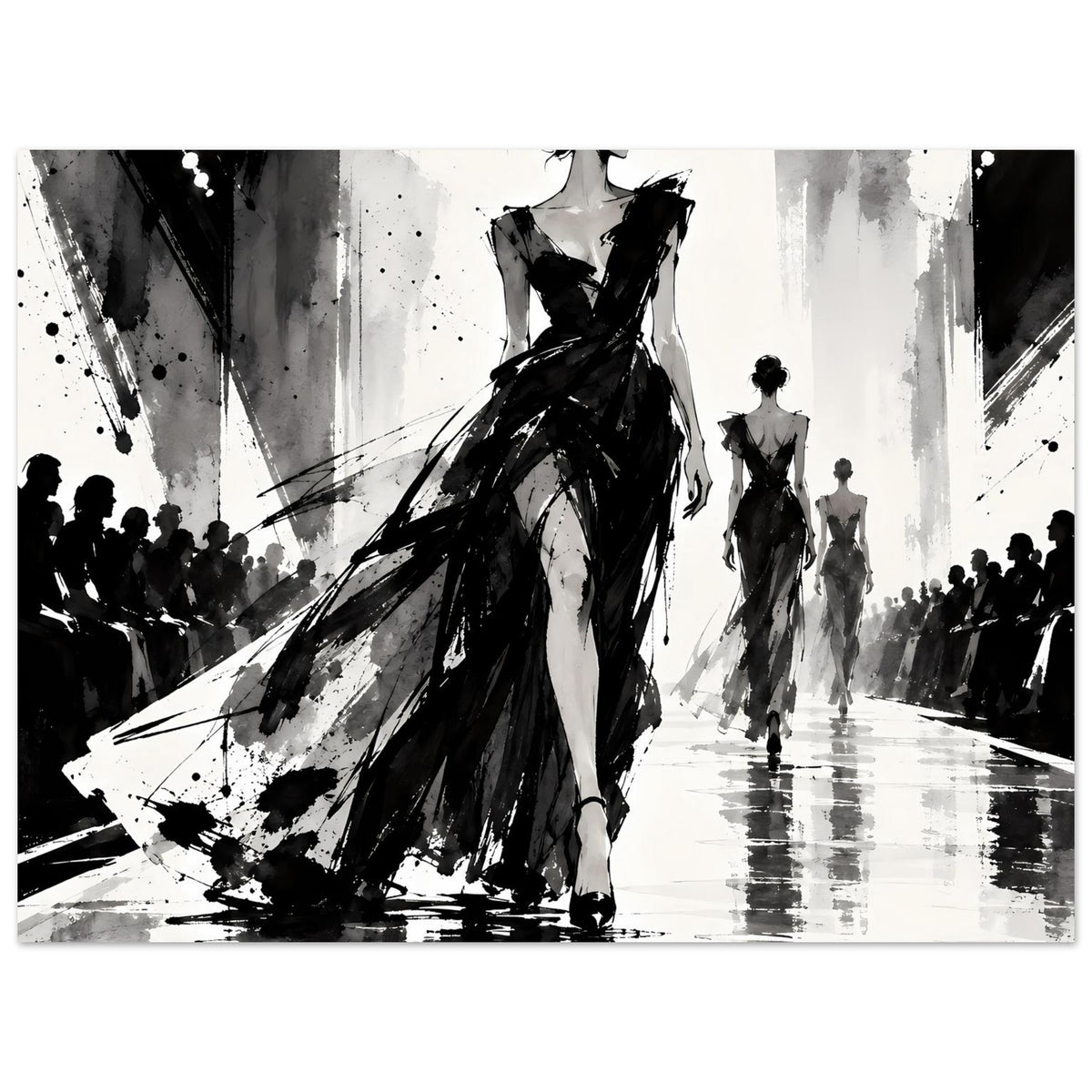 Mode-Illustrationsposter mit Fokus auf das schwarze Kleid der Hauptfigur und mehreren Rückenfiguren