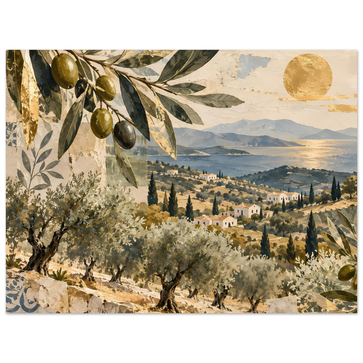 Mediterranes Olivenhain-Poster im Querformat: Olivenzweig, Hausdörfer und Berge
