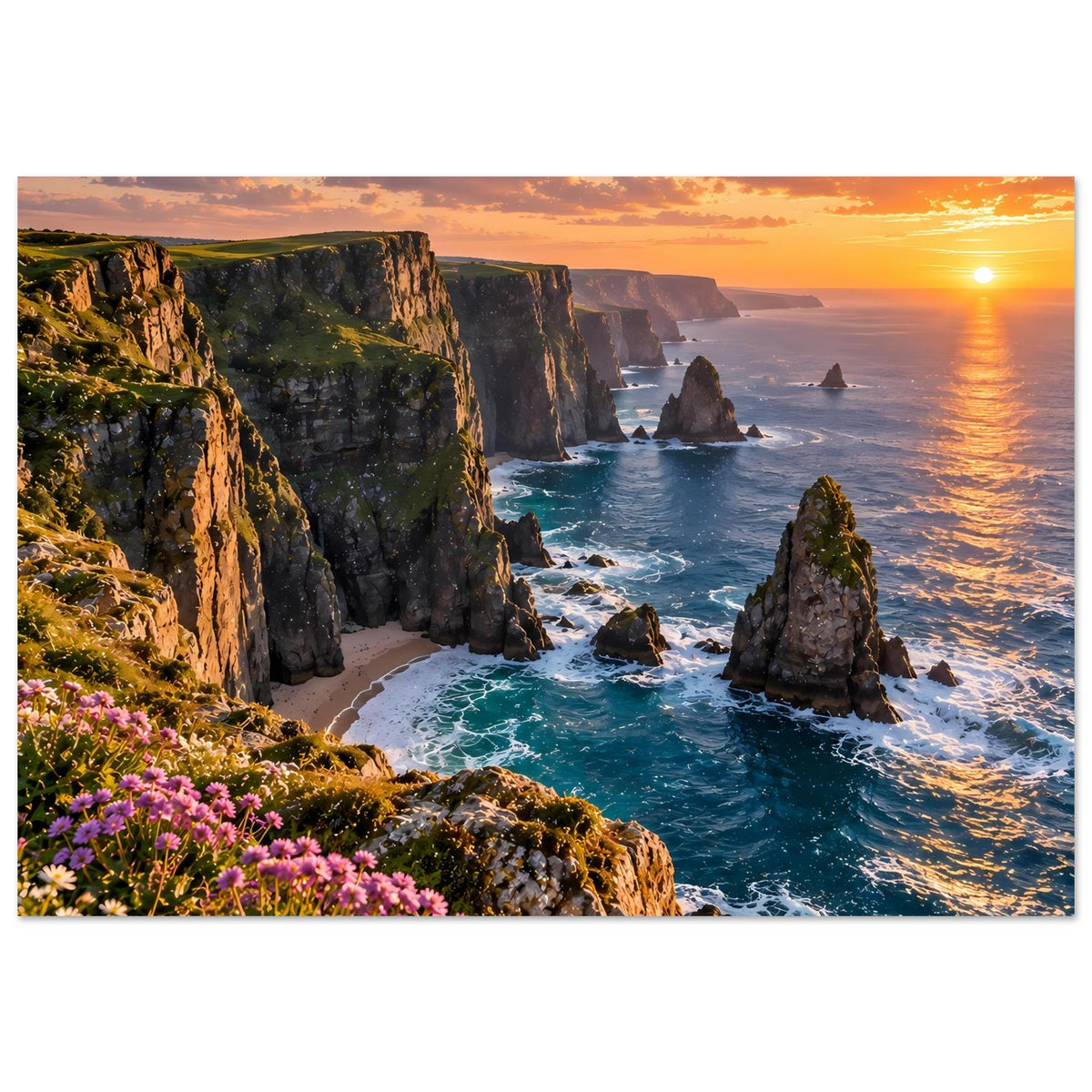 Horizontales Poster mit Küstenklippen, Sonnenuntergangshimmel und pinken Blüten am Rand