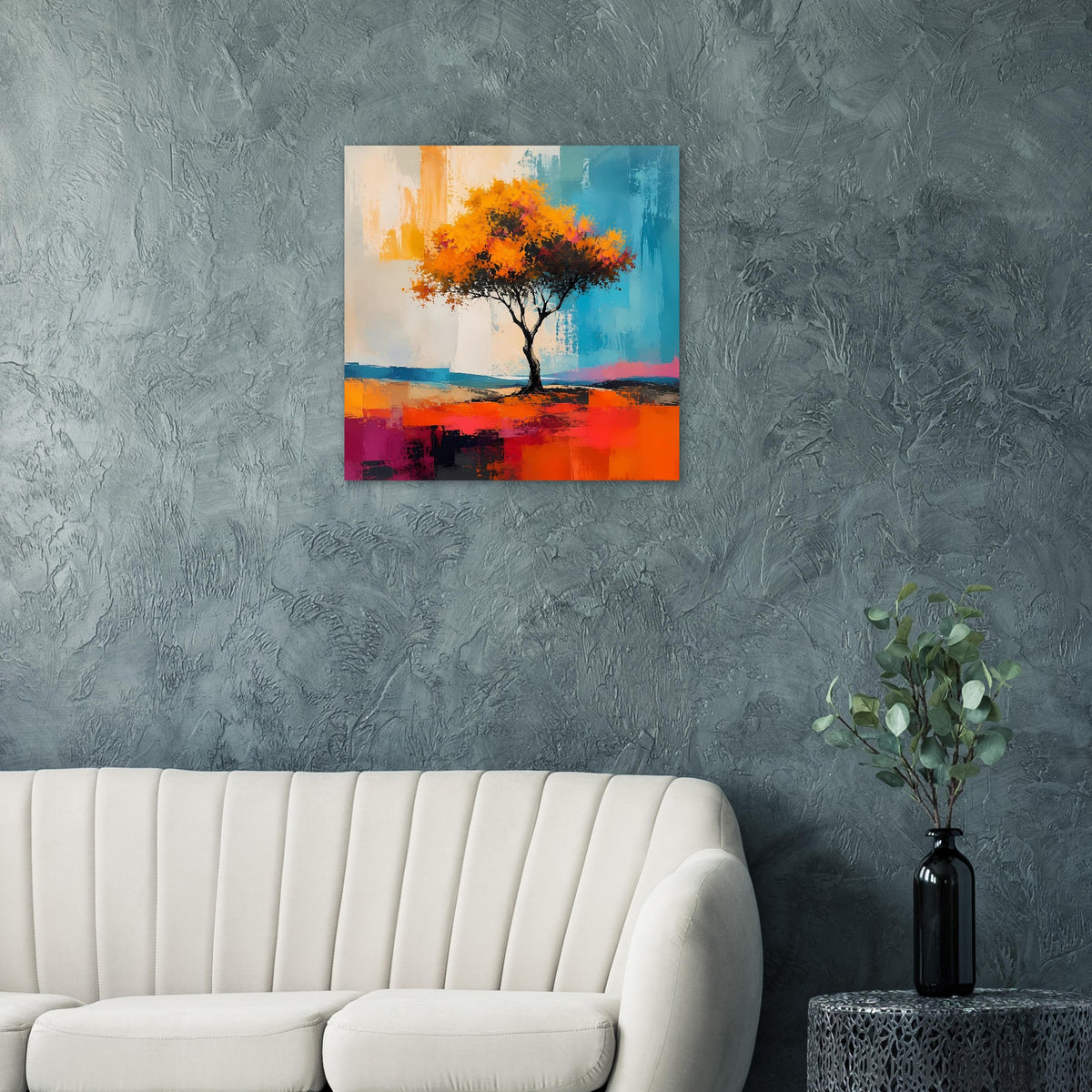 Gerahmtes quadratisches Poster mit Baum in Orange und Türkis vor ruhigem Farbverlauf