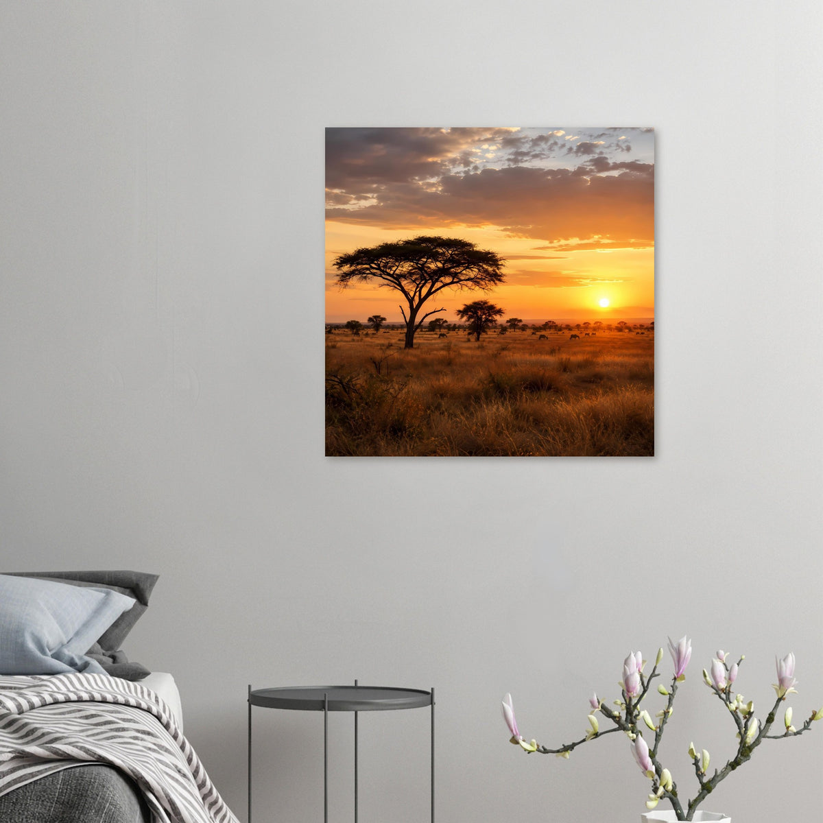 Kleines Poster mit Akazienbaum in der Savanne bei Sonnenuntergang