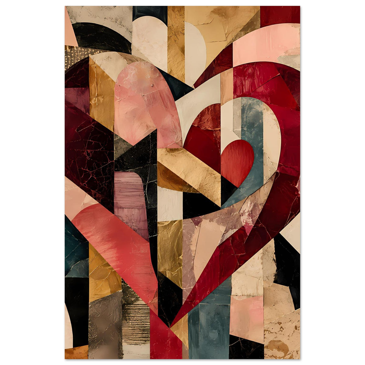 Herzposter im Cubist-Stil mit geometrischen Fragmenten in Rot-, Beige- und Blautönen