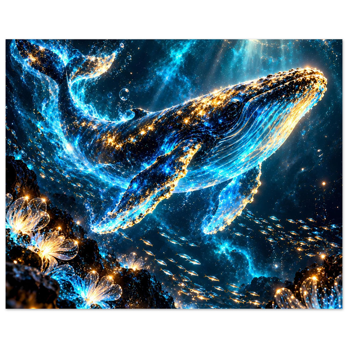 Poster im Querformat mit Wal und Wasserwirbeln, strahlendes Blau und Gold