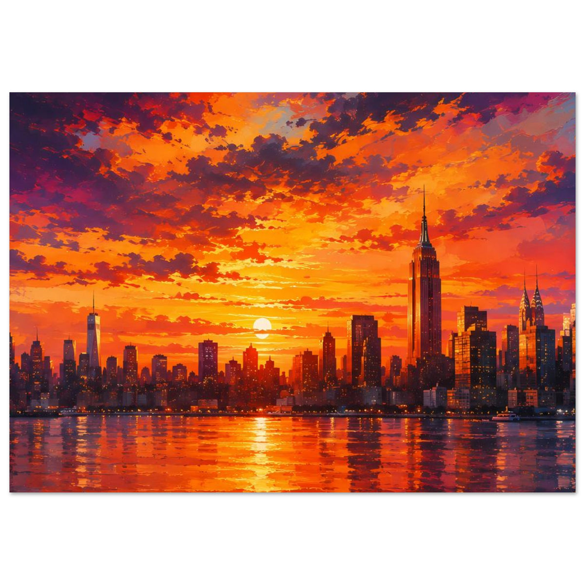 Sonnenuntergang-Stadtposter im Querformat mit Skyline, buntem Himmel und Wasserreflexen