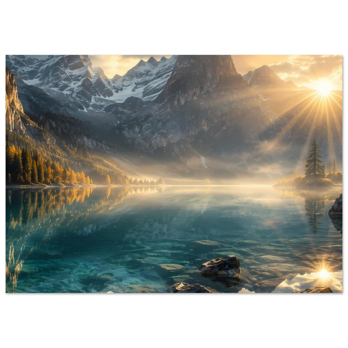 Querformat-Poster mit Bergsee: türkisblaues Wasser, goldenes Licht, Tannen am Rand und Steine