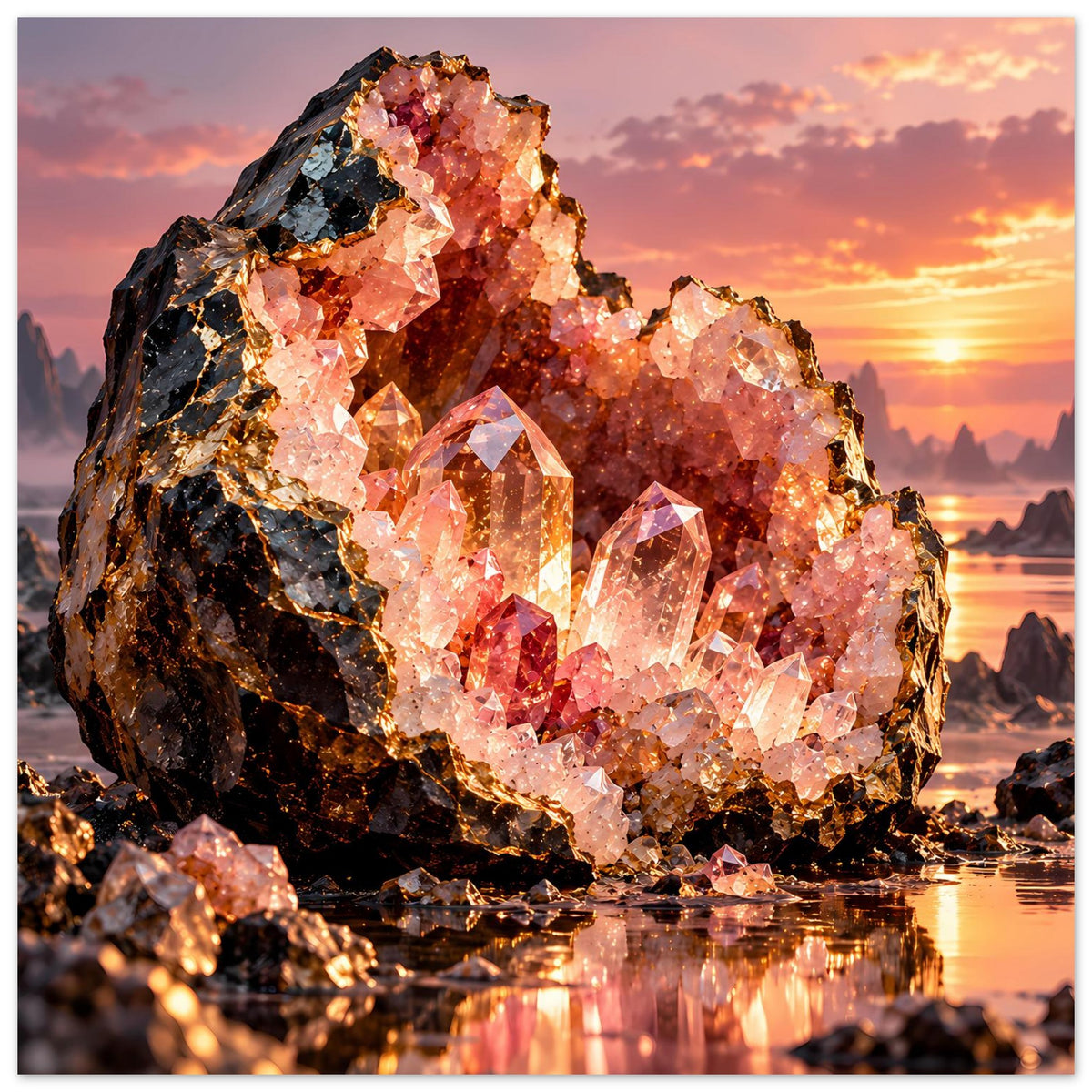 Poster im Querformat mit Nahansicht der Kristallgeode, rosa Kristallschimmer auf dunklem Fels