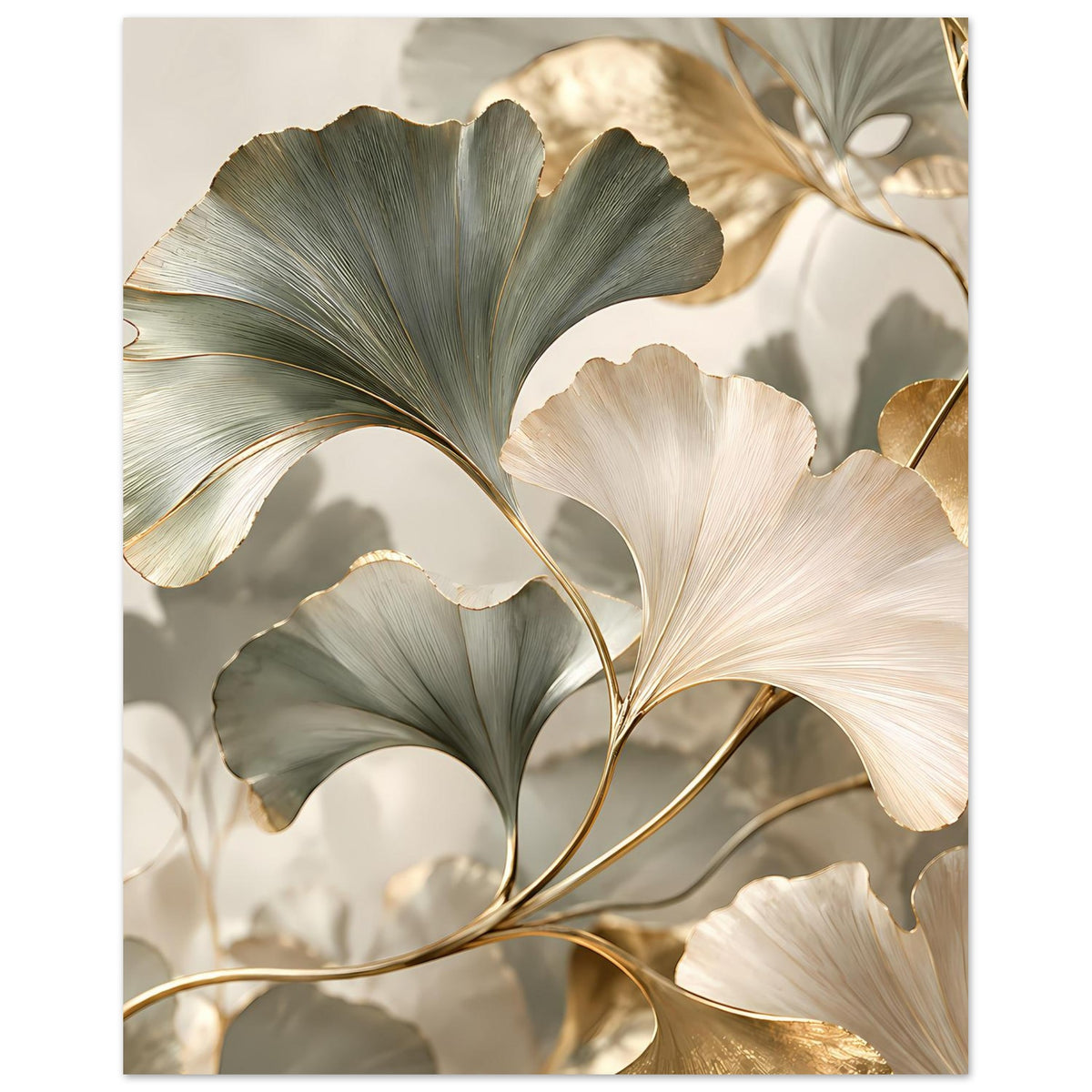 Hochkant-Poster mit großen Ginkgo-Blättern in Grau-Grün, Creme und Goldakzenten