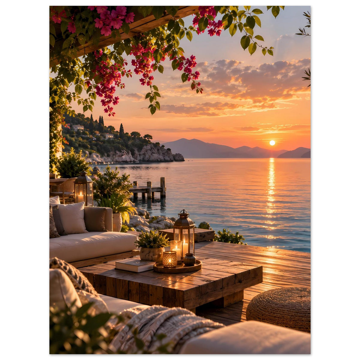 Poster mit mediterraner Küstenterrasse, pinken Blüten und Sonnenuntergang über dem Meer