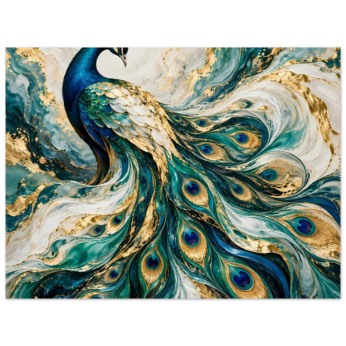 Pfau-Kunstposter im Panoramaformat mit Pfauenfedern in Blau, Türkis und Gold, Nahansicht