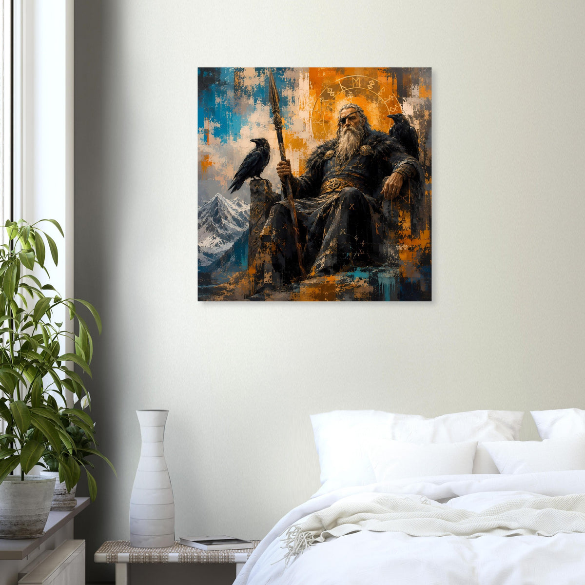 Poster: Odin im Mantel hält den Stab, Rabe sitzt daneben; orangefarbene Sonne, blaue Flächen