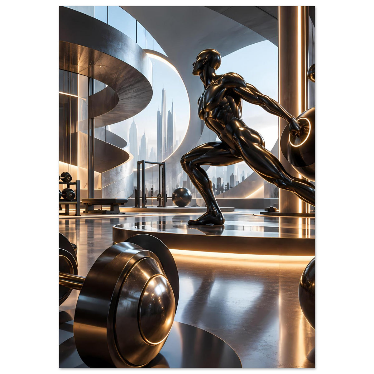 Fitness-Poster im Hochformat: Sportstatue mit Hantelstange und Rundgewichten