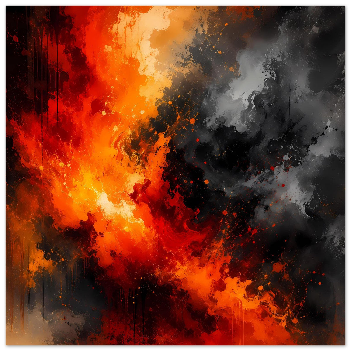 Abstraktes Feuer-Rauch-Poster: links orange/rot, rechts grau/schwarz