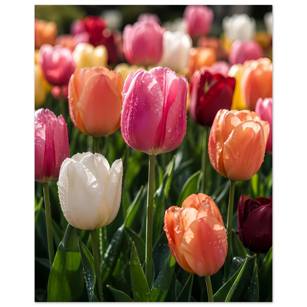 Tulpenposter mit mehreren Blüten im Vordergrund: rosa, orange, rot und weiß, grüne Stiele